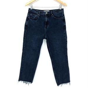 Topshop High Rise Straight Thick Dark Blue Denim Jeans Cropped Raw Fringe Ankle